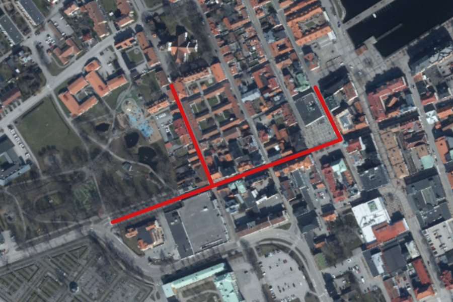 Karta över vägavstängningarna längs med Storgatan.