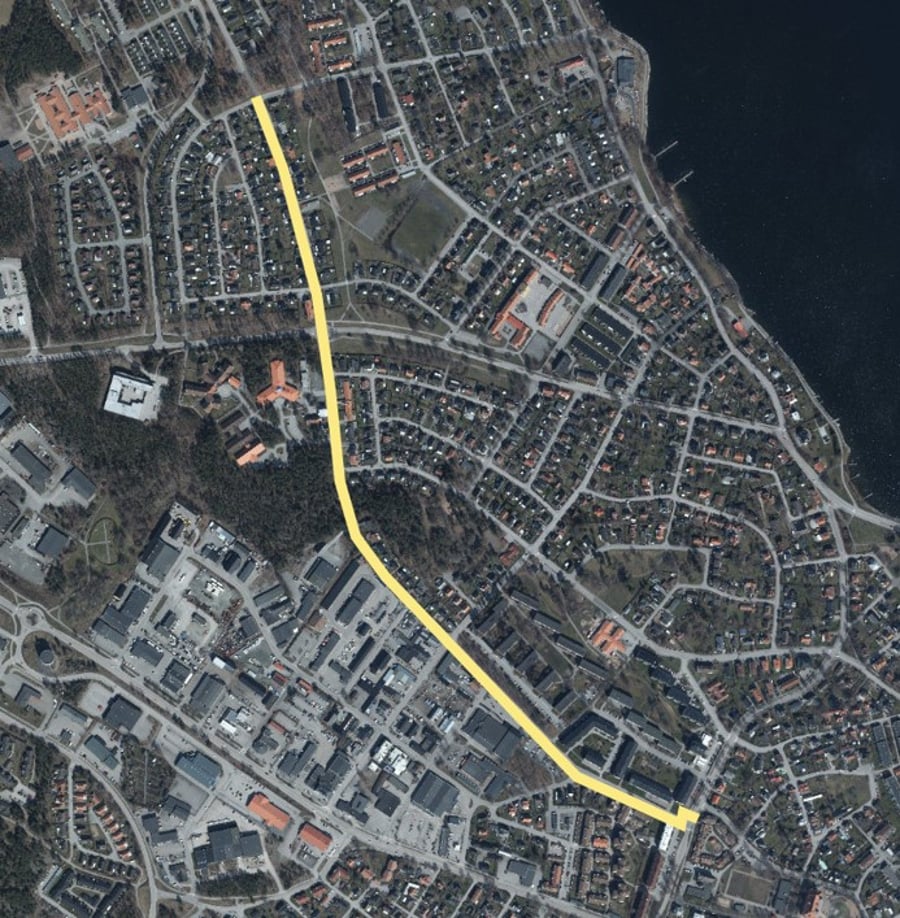 Kartbild över hela sträckan som byggs om på Stora Trädgårdsgatan.