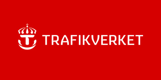 Logotyp för Trafikverket. Texten "Trafikverket" mot röd bakgrund.