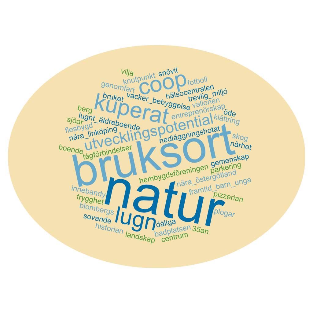 Ordmoln för frågan: "Vad kännetecknar orten för dig idag?"