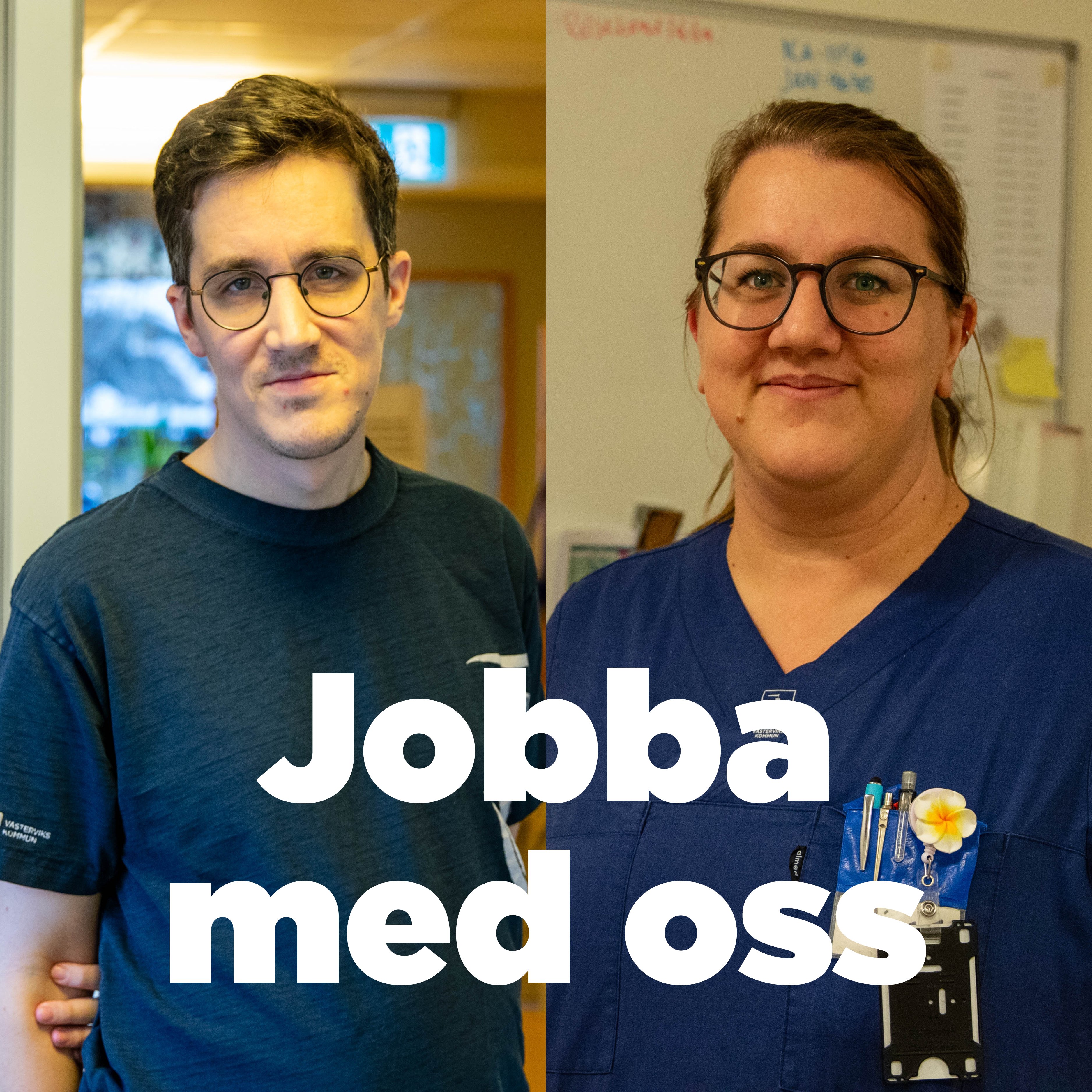 Viktor och Nina med texten "Jobba med oss"