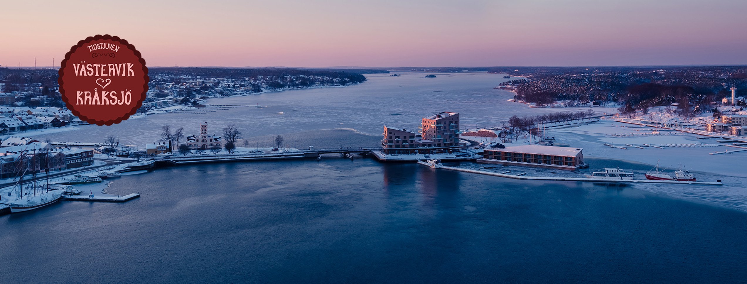 Flygbild över Västervik vintertid.