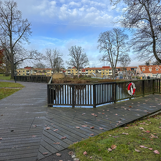 Vy över bryggan i Stadsparken.