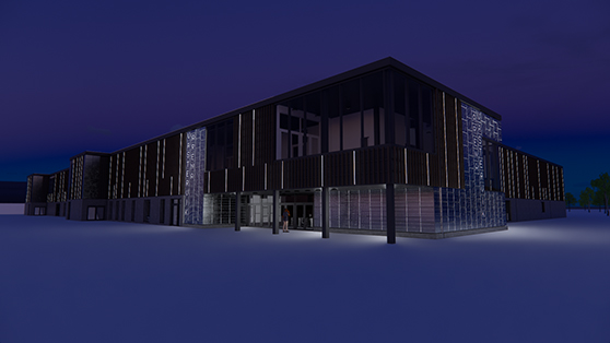 3D-bild på entré 1 arena och eventhall kvällstid