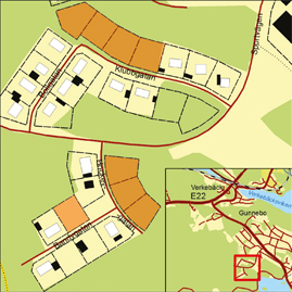 karta med åtta lediga byggklara tomter på Hockeygata, Bandygatan, Klubbgatan och Bollgatan i Gunnebo