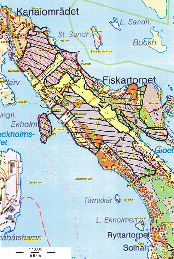 Karta över Norra delen av Gränsö med markerade områden för naturvårdande åtgärder. 