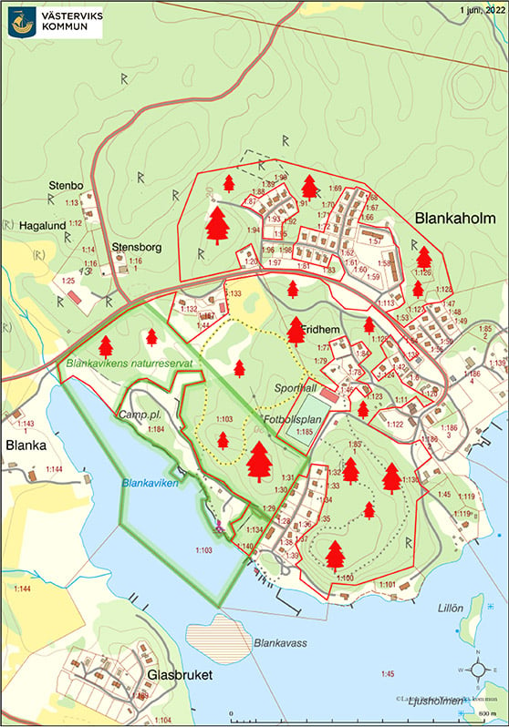 Karta över Blankaholm med markering över områden som ska röjas. 