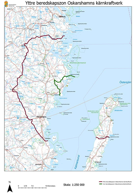 bild på karta som visar de nya beredskapszonerna runt Oskarshamns kärnkraftverk från 1 juli 2022