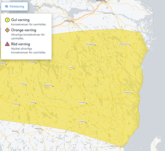 Område gul vädervarning 2 april 2024
