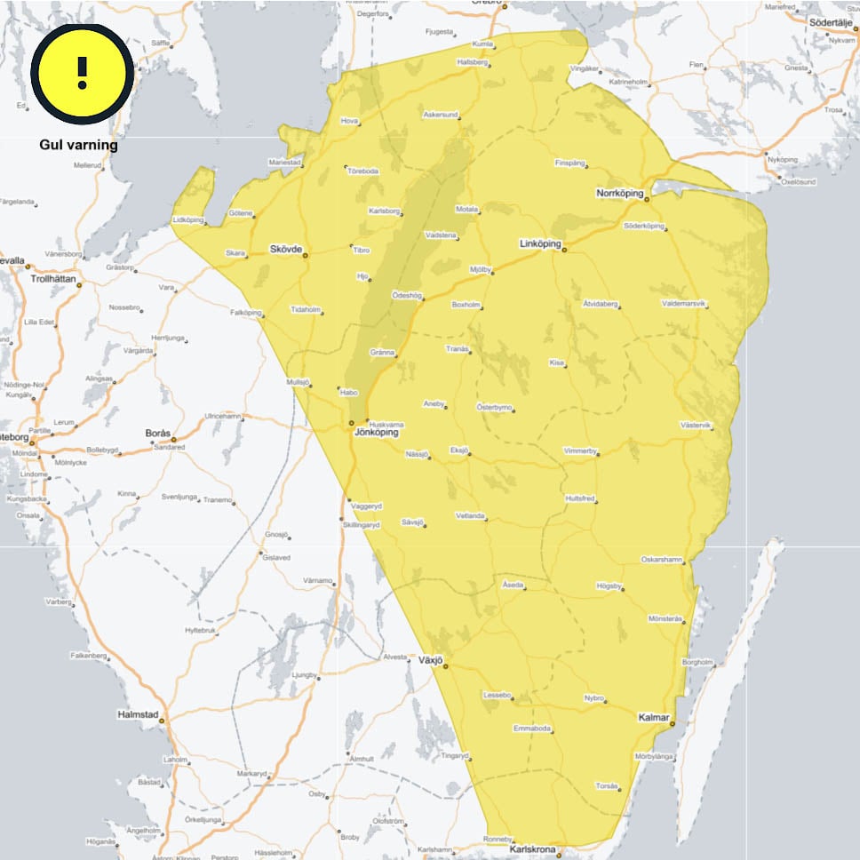 karta gul vädervarning snö med vind 6 januari 2025