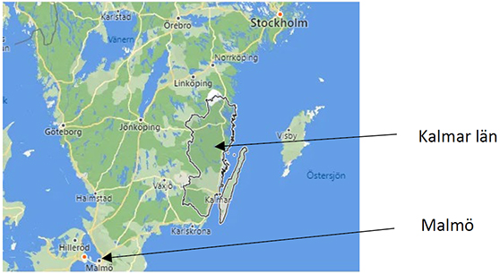 bild på karta med Kalmar län med Malmö utpekat