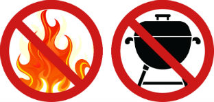 Varningsskyltar förud mot eldning och att använda grillar