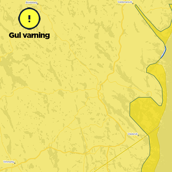 bild på karta över gult varningsområde 18 februari