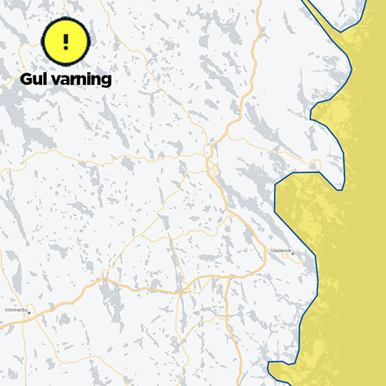 bild på karta över gult varningsområde kuling 18-19 februari