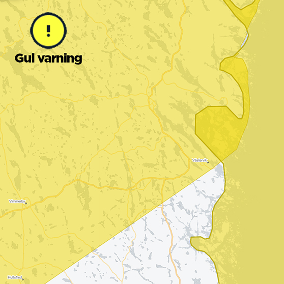 bild på karta över gult varningsområde 18-19 februari