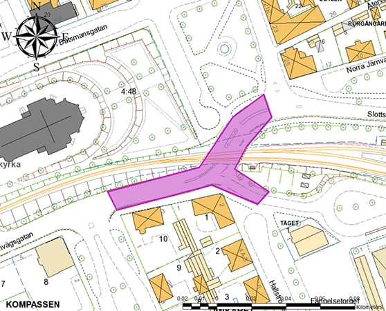 kartbild utsträckning vägavstängning Järnvägsgatan - Södra Slottsholmsvägen Västervik 18 oktober - 12 november 2021