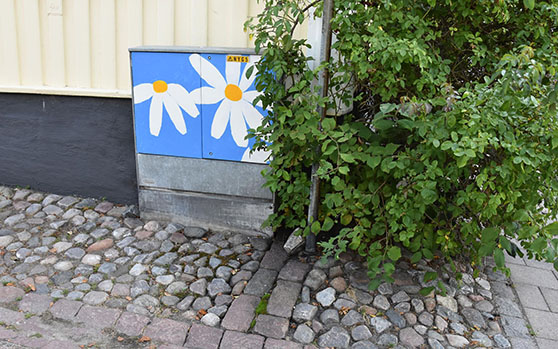 Konstverk med två vita blommor på blå botten