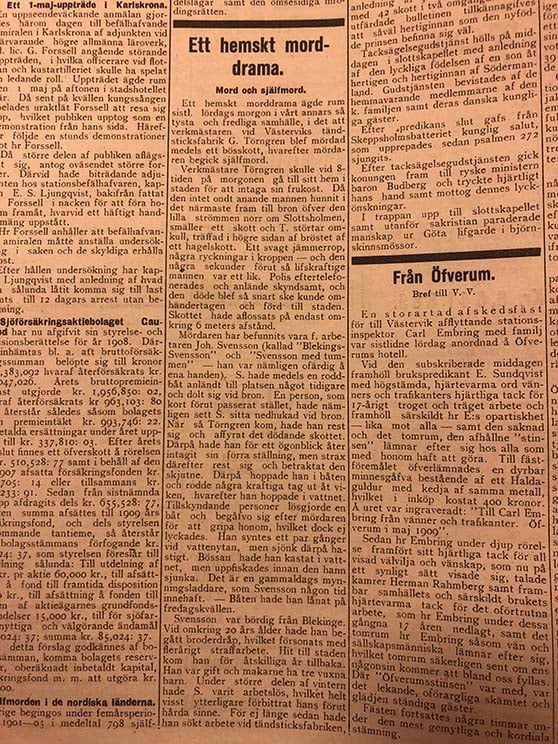 Urklipp ur en artikel om mordet ur Västervikstidningen 1909