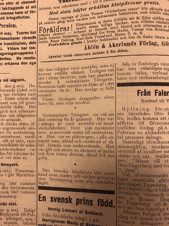 Urklipp ur en artikel om mordet ur Västervikstidningen 1909