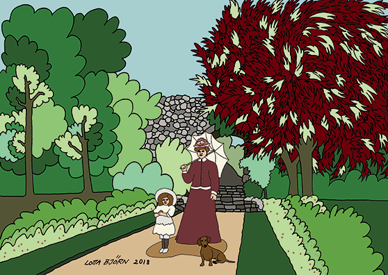 Kvinna och barn som går i park, illustration. 